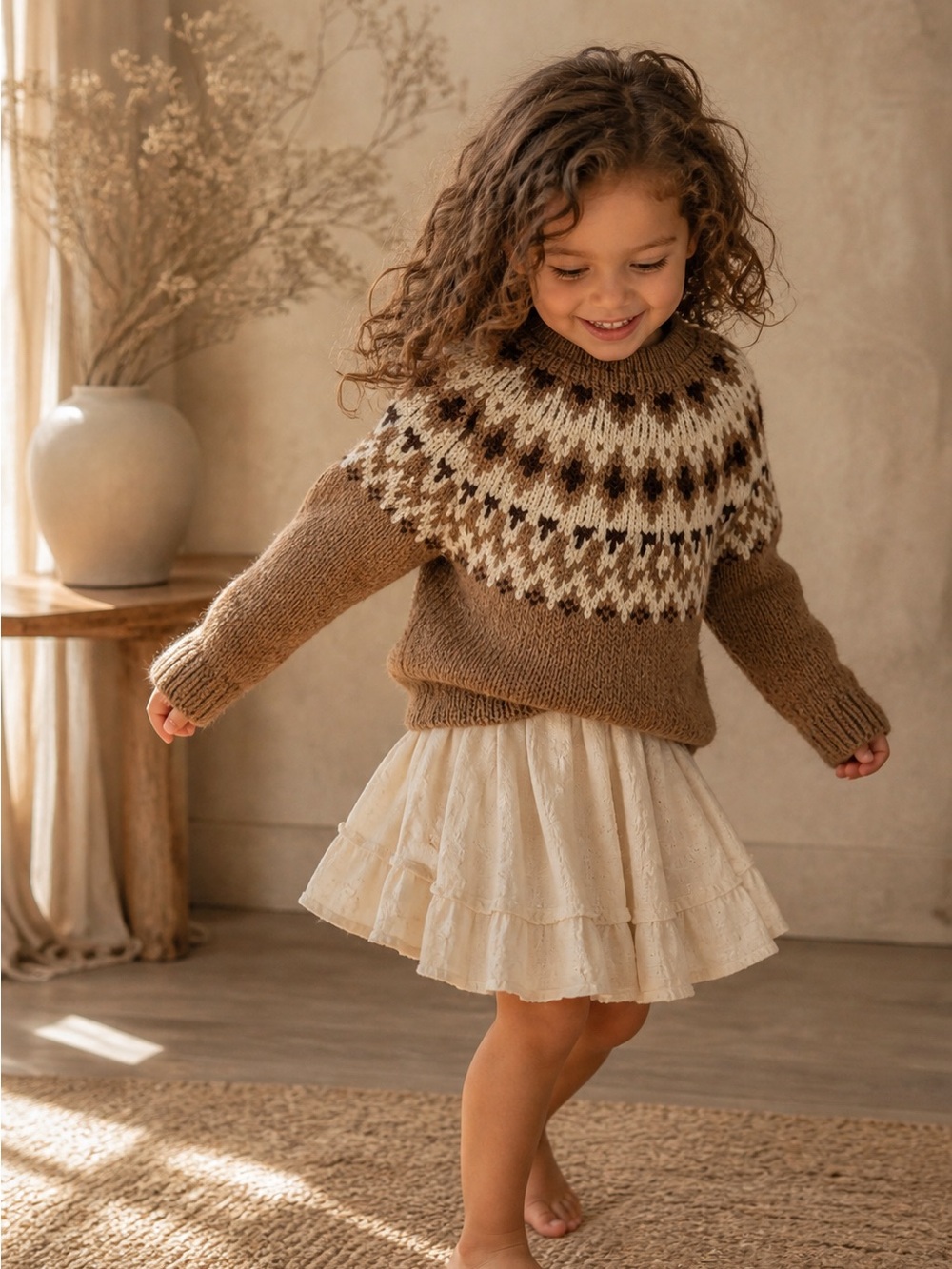 Zara kids Cozy Brown & Cream Knit Sweater with Fair Isle Yoke
